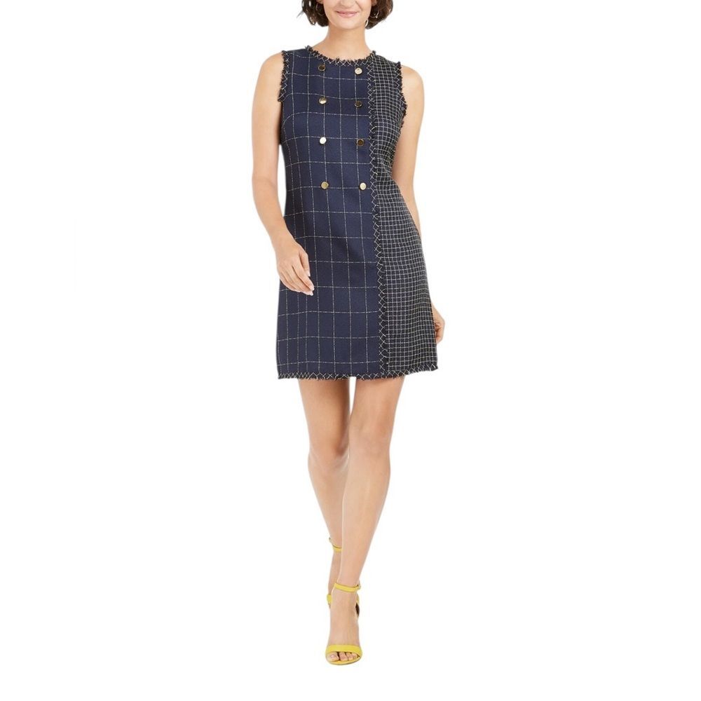 Julia Jordan Tweed Mixed Plaid Sheath Dress Navy Blue Gold Womens Size 2